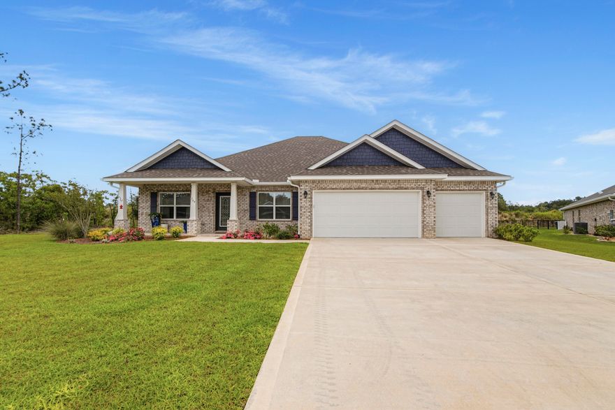 Welcome to 169 Bentgrass Rd S, a beautifully crafted 2025 home nestled within the gated golf community of Windswept Estates. Perfectly positioned at the end of a quiet cul-de-sac on a generous ½-acre lot, this property offers both privacy and stunning views as it backs directly to the 4th fairway of Windswept Dunes Golf Course. This thoughtfully designed home features 3 bedrooms, 3 bathrooms, and over 2,600 square feet of living space, along with a spacious 3-car garage. Inside, you'll find all ceramic tile flooring throughout, elegant crown molding, and a light, open layout ideal for both everyday living and entertaining. The gourmet kitchen is a standout, complete with quartz countertops, an abundance of cabinetry, and a large walk-in pantry providing exceptional storage. Quartz surfaces continue throughout the bathrooms, adding a cohesive and upscale finish. The owner's retreat offers a true sanctuary with additional space in the bedroom, perfect for a sitting area or private retreat. Step outside and experience the peaceful setting this home provides. Enjoy quiet mornings listening to birds, watching hummingbirds, and taking in the serene golf course views. This is a community where life moves at a slower, more enjoyable pace, and neighbors are known for being friendly and welcoming. Select furnishings are negotiable, including a 2025 Evolution Ranger 2+2 Pearl White 4-seater golf cart featuring an 84-month transferable warranty. The garage is equipped with a Gladiator Garage-Ready refrigerator/freezer set and new Firman 3-fuel generator and new window AC ready for hurricane season. Additional furnishings may be included--please ask the listing agent for details. Experience refined living in one of Freeport's most sought-after golf communities--where comfort, quality, and lifestyle come together.