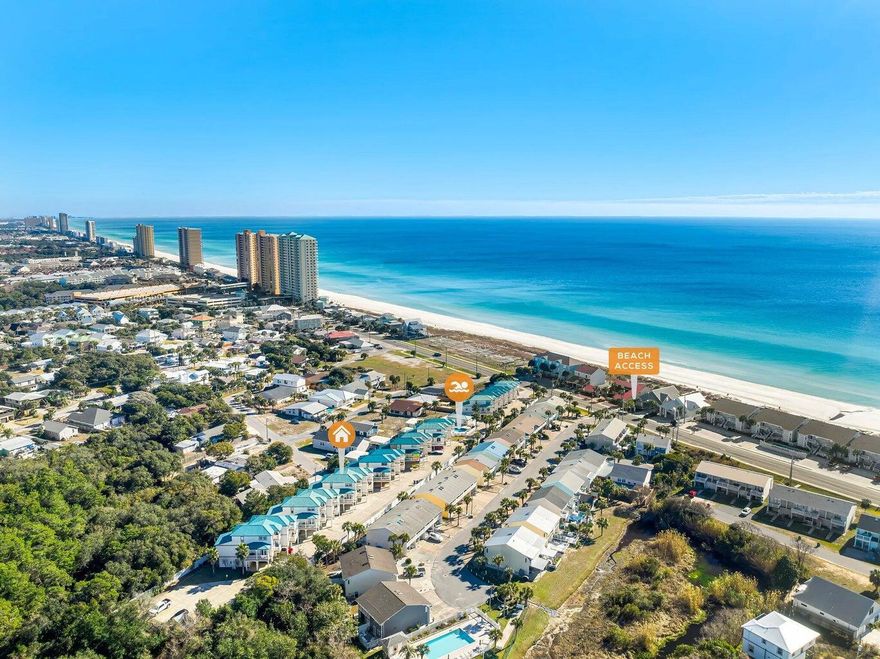 Beachfront Bliss in Panama City Beach.
Welcome to 17878 Front Beach Road, Unit E2, your perfect slice of paradise, offering a short 3-minute walk to toes-in-the-sand! With $25,000 already on the books for 2026, it's sure to be a great income-producing property to add to the portfolio. 

Recently refreshed with a stylishly painted exterior, this townhome radiates curb appeal and sets the tone for relaxed beach living. Step inside to discover a bright and airy open floor plan, ideal for hosting friends and family after a day by the water. The main level features a fully equipped kitchen, a spacious living area, and sliding glass doors that lead to a private patio, where you can enjoy breathtaking sunsets over the Gulf.