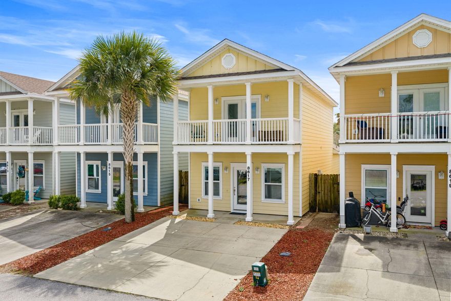 Priced to sell, 8617 Marlin Place offers an incredible opportunity to own in a gated community in Panama City Beach. Built in 2015 and recently refreshed with new interior paint, this 3-bedroom, 2.5-bath home features nearly 1,600 square feet of well-designed living space. The primary bedroom is located on the first floor with a walk-in closet and private bath with tiled shower. The open living area offers 9-foot ceilings, and the kitchen includes granite countertops, white shaker cabinetry, and stainless appliances. Upstairs features two additional bedrooms, including one with a private balcony. Community pool and low-maintenance living with HOA covering lawn care, trash, and gated access. Convenient to the Navy base, St. Andrews State Park, and the beach.