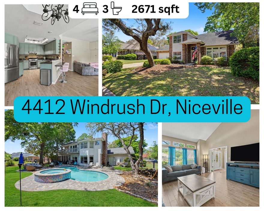 Welcome to this beautifully maintained home in the highly sought-after Bluewater Bay area of Niceville. Located within a gated golf course community of Southwind, this property offers a prime setting with convenient access to local amenities and a short drive to the white-sand beaches of the Emerald Coast.

Step outside to your own private retreat featuring a newly added resort-style pool and spa, surrounded by an expansive pavered pool deck--perfect for relaxing or entertaining. A built-in fire pit creates the ideal space to enjoy evenings outdoors year-round. The backyard is being refreshed with new sod, offering a lush and inviting outdoor space.
Positioned along the golf course, this home provides a scenic backdrop and a sense of openness while still offering privacy. 

SEE MORE... Inside you will enjoy 4 bedrooms with 3 full bathrooms, a semi-open kitchen/living space, and a separate formal dining room and den. The kitchen features granite countertops and stainless steel appliances with a gas stove and a breakfast bar overlooking the living room with built-in shelving and gas fireplace. 
Upstairs the spacious primary suite has awesome features of its own! After a long day, relax away in the oversized soaker tub and then step out on your upper deck to enjoy the sunset. 
 
Experience the benefits of living in Bluewater Bay, known for its golf, recreation, and convenient location near shopping, dining, and major roadways. This is a rare opportunity to own a home that blends lifestyle, location, and outdoor living.