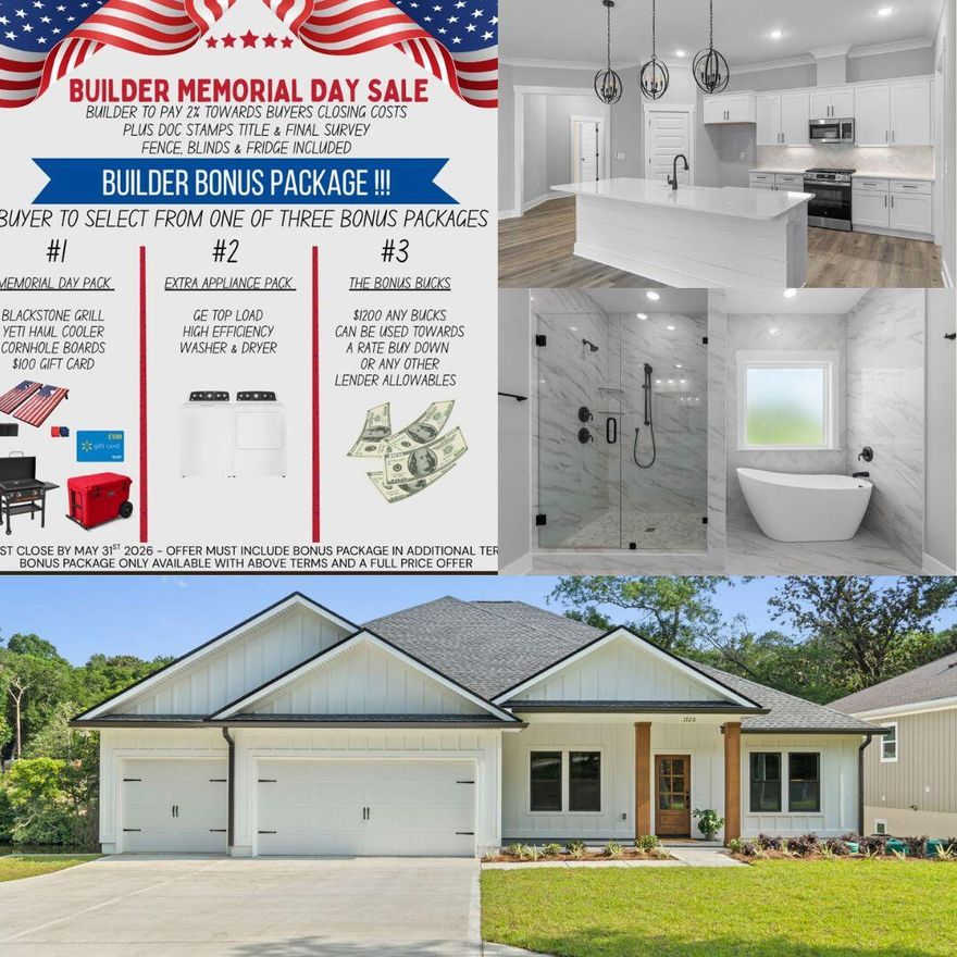 '72HR Kick Out Clause in place' ***BUILDER Offering amazing buyer incentives to include $25K any bucks or choose from the price tiering options! Plus! Memorial Day Party Package!!!*** New, efficient, and under warranty. No HOA! Enjoy the convenient neighborhood Edrehi-Swift Bayou Boat Ramp just across the street. Beautiful, modern farmhouse design with elegant board an batten siding complimented with Cedar accents. This 5-bedroom, 3-bath home with a 3-car garage is ideal for families and entertainment, featuring upgrades and beautiful touches throughout. The 5th bedroom can be an office, playroom, or guest room. Highlights include *LVP flooring throughout, *Tiled Laundry Room with cabinets, *Gas Package includes connections for tankless water heater, furnace, range, dryer & patio stub, *Bronze Impact Windows, *Stainless Steel appliances to include side by side fridge, *Quartz Countertops, *Custom Build Dropzone in Mudroom*Irrigation system, and a fully landscaped yard. Enjoy the 27ft by 8ft screened-in back patio with French doors. Unbeatable location just 16 miles from Destin, 15 miles from Eglin AFB, and 14 miles from Duke Field, with nearby shopping and dining.   Do not miss out on the amazing builder incentives, see photos for party pack details and call agent for tier pricing details!