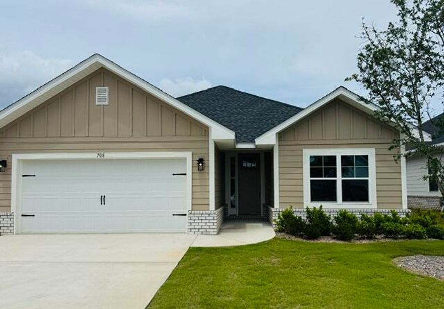 This newly built Craftsman-style home offers relaxed coastal living just 20 minutes from the world-famous beaches of 30A. With 3 bedrooms and 2 baths, the open design features cathedral ceilings and a striking 8' crafted front door that sets the tone upon entry. Enjoy mornings and evenings on the spacious covered patio, and appreciate the ease of LVP flooring throughout. The kitchen and baths have beautiful quartz countertops. Thoughtful details such as upgraded Moen faucets, lever-handle hardware, and soft-close drawers complete this inviting home designed for everyday comfort and enjoyment.  Ask about our 4.99% Fixed Rate available for this home. 
*Some photos have been virtually staged to illustrate the property's potential.*