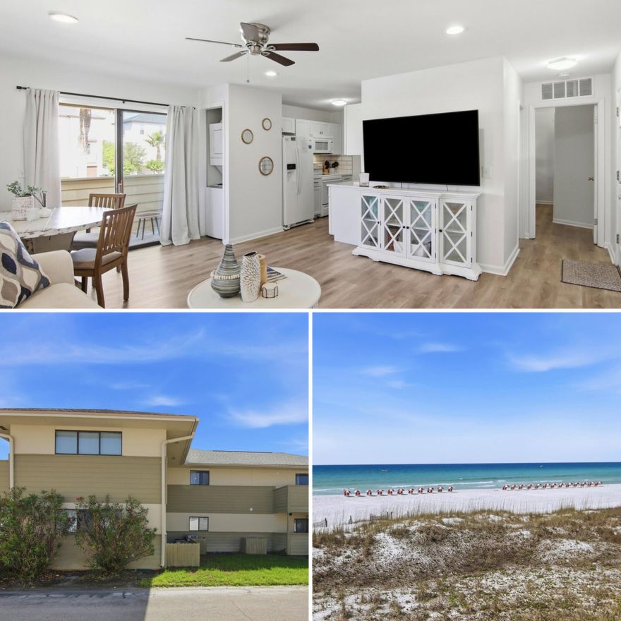 Escape to the ultimate coastal retreat with this charming one-bedroom condo, perfectly positioned just minutes from the sparkling waters of the Gulf of Mexico. Ideally located between pristine beaches, vibrant dining, Baytowne Wharf, and the Emerald Bay Golf Club, this home blends convenience with coastal lifestyle effortlessly. Step inside to discover a meticulously maintained interior, where wood-look LVP flooring stretches throughout, eliminating the hassle of sandy carpets and adding a warm, inviting feel. The kitchen is a bright and airy haven with sleek white cabinetry, modern appliances, and granite countertops, offering a seamless mix of contemporary style and timeless elegance.

The open-concept living and dining areas create a natural flow, perfect for entertaining or relaxing. While the community provides a shared laundromat, this unit also features space for a stackable washer and dryer for your convenience. Sliding glass doors flood the space with natural light and lead to a private deck, ideal for savoring your morning coffee or soaking in the serene surroundings.

Enjoy easy access to the community pool, maintained by the HOA, just steps from your door--a perfect alternative when you're not beach-bound. Recent updates include a new roof in 2024 and an HVAC system installed in 2022, giving you peace of mind year-round.

Whether you're seeking a smart investment property or a personal getaway, this condo sees strong rental demand and won't stay on the market long. Don't miss your opportunity to own a slice of Florida paradise!