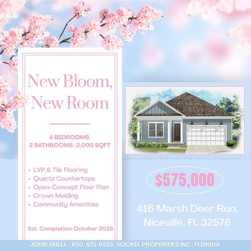Estimated Completion October 2026! Seller is offering 1% of total purchase price toward closing costs, $10,000.00 'anywhere money' and an additional $2,000.00 if using the seller's preferred lender.  Welcome home to this beautifully crafted new construction home, the Dogwood C Plan, offering 4 bedrooms, 2 bathrooms, and approximately 2,000 square feet of thoughtfully designed, single-story living.  This home perfectly blends timeless style with modern functionality.

Step inside to find elegant crown molding featured in the living room, dining room, kitchen, foyer, first hallway, and the spacious primary bedroom, adding a refined touch throughout the main living areas. The open-concept floor plan creates a seamless flow, ideal for both everyday living and entertaining. The kitchen is a true showstopper, complete with stainless steel appliances, white shaker cabinets with soft-close drawers, and stunning Michelangelo quartz countertops. A white apron-front sink and classic white subway herringbone tile backsplash bring both charm and sophistication to the space.

Custom shelving in both the pantry and the primary closet adds convenience and organization, elevating everyday living. The bathrooms and laundry room also feature matching Michelangelo quartz countertops, providing a cohesive and upscale feel throughout the home.

Durable and stylish LVP flooring in the Hyde Haven finish runs throughout all main areas, with tile in the wet areas for added practicality and design appeal.

This home offers the perfect combination of quality craftsmanship, modern finishes, and comfortable living--all in a desirable single-level layout. Don't miss your opportunity to own this exceptional new home upon its completion this October!