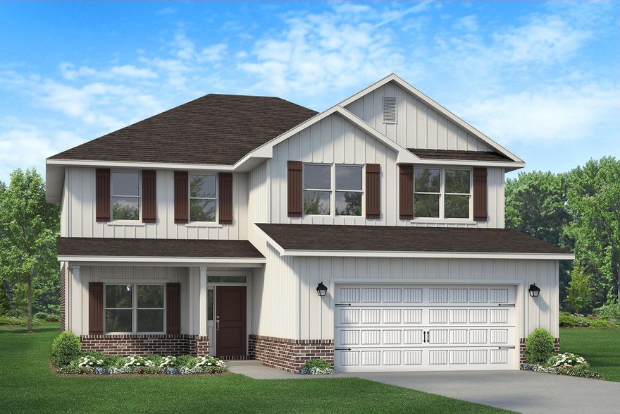 This home features 5 bedrooms, 3.5 baths, a large bonus room, a formal dining room and much much more. The master bedroom is on the first floor with all others and bonus room upstairs. The kitchen has an island open to the spacious family room for that open feeling. The master bath boasts a walk in closet and a tiled walk in separate shower and garden tub. The interior has 3 panel shaker style doors, 5 1/4 inch baseboards, black lighting fixtures and bull nosed corners to name just a few. The floors are lined with LVP and have stain resistant plush pile carpet in the bedrooms. The exterior is 3 sided brick with a hardie front and brick skirting. The lot is sodded and landscaped and comes with irrigation. This home is engineered and built to hurricane/wind resistance building codes.