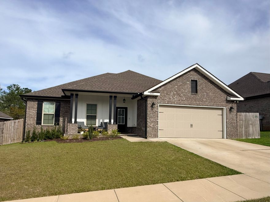 Like-new DSLD home in Patriot Ridge featuring 4 bedrooms, 2 bathrooms, and an open split floor plan in South Crestview. Ideally located near Live Oak Church Rd to avoid Crestview traffic, with easy access to Eglin AFB, Duke Field, and 7th SFG, and backing up to a wooded lot for added privacy.
Interior features include LVP flooring throughout, 11-foot ceilings, crown molding, quartz countertops, undermount sinks, and upgraded cabinetry. The kitchen is equipped with Frigidaire stainless steel appliances and a Whirlpool refrigerator, a large island, walk-in pantry, and recessed lighting.
The primary suite includes a double vanity, garden tub, separate shower, and walk-in closet. Additional highlights include ceiling fans, framed mirrors, and quality finishes throughout.
Exterior features  include a covered front porch and rear patio, privacy fence, landscaping, flood lights, and architectural shingles. Energy-efficient upgrades include Low-E windows and an electric water heater.
Home includes added upgrades, window blinds, gutters and a transferable termite bond. Move-in ready in a desirable South Crestview neighborhood.