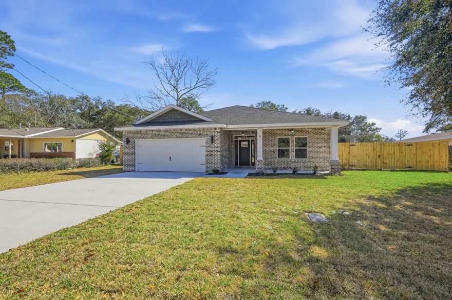 $10,000 in Anyway Money! 2-10 Builder Warranty! 1 Year Termite Bond! Brand-new construction east of Hurlburt featuring 5 bedrooms, 3 baths, + bonus room/office off the primary suite. Expansive open concept with LVP flooring, double pantry, large island, and dining area flows seamlessly into a spacious living room. Enjoy an all-brick exterior, craftsman trim, epoxy garage floor, soft-close cabinets, stylish lighting, and mirrors. The primary suite is a true retreat, showcasing a double vanity, tiled shower, garden tub, private water closet, and generous walk-in closet.
Large, privately fenced backyard. Nestled in a mature community with sidewalk-lined streets.