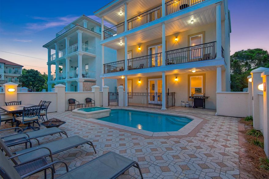 Big and bold, spanning 5,880 square feet!   This four-story beach retreat with a heated and cooled crow's nest offers nine bedrooms, eight bathrooms, and a layout designed with vacation living in mind. Located in Frangista Beach, this property creates flexible sleeping arrangements and multiple gathering spaces that make hosting large groups both comfortable and practical.
The first floor is all about fun and function. The entertainment area features a pool table and full-size refrigerator, making it the perfect hangout zone after a day in the sun. Two bunk rooms and two additional bedrooms are located on this level. One bunk room connects via a Jack-and-Jill bath to a neighboring bedroom that could easily be used as an office or flex space. Another bedroom enjoys a private ensuite bath, while the second bunk room has private access to a shared hallway bath. A spacious laundry room on this floor provides room for extra storage, an often overlooked but valuable feature for short-term rental turnover.
Step outside to your own private pool and spa, complete with a dedicated grilling area, creating a natural extension of the entertainment space.
The second floor serves as the heart of the home, with an open-concept living, dining, and kitchen area designed for gathering. The kitchen offers abundant cabinet storage, expansive granite countertops, a breakfast bar, pantry, and double dishwashers, an ideal setup for large groups. From the living area, step out onto the covered balcony for added indoor-outdoor living. Two guest bedrooms are also located on this level: one with a private ensuite bath and another with private access to the shared hallway bath.
On the third floor, you'll find two primary suites, each with its own private bathroom. One features a double vanity and a seating nook within the bath area and the closet. The second primary offers a deep walk-in closet, private covered balcony, double vanities, and a separate walk-in shower and jetted tub. An additional guest bedroom with a private ensuite bath and a conveniently located laundry closet complete this level.
At the top of a spiral staircase, the heated and cooled crow's nest provides a unique bonus space currently used as a tenth sleeping area. From here, enjoy access to a third covered balcony as well as a spacious open-air patio at the rear of the home.
Currently operating as a short-term rental, this property offers substantial income potential and the flexibility to continue as an investment property or transform into a private coastal retreat. Its creative layout maximizes sleeping capacity and gathering space, making it particularly well-suited for large groups seeking both connection and comfort.
Beach access can be found at the gated entrance of Hollywood Street. 
Frangista Beach is located right in the heart of Miramar Beach within close proximity to many great dining and shopping options. Surf Hut, Royal Palm Grill, Whale's Tail, Pompano Joe's, Acme Oyster House, Two Birds Cafe, Seascape Towne Center, Silver Sands Outlets, and much much more.