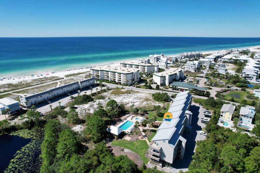 SOUTH 30A - Just steps to the beach!  This coastal 1 bedroom condo in popular Seagrove Beach is only a 5-minute walk to the beach!  Enjoy stunning views of the Gulf, lake, and pool from your private balcony! Beautifully remodeled with coastal charm, this condo features soaring 18-foot ceilings, plank flooring, a custom staircase, built-ins, and shiplap accents. The kitchen and bath have been completely updated and it's offered furnished! Beachfront II Condos provides resort-style amenities including a heated pool, hot tub, grill area, covered pavilion, bike parking, golf cart charging station, and on-site laundry. The building has been recently updated with a new roof, Hardie board siding, and elevator.  The Perfect 30A Location! bike storage, and a golf cart charging station, and on-site laundry. The building itself underwent extensive upgrades between 2020-2022, featuring a new roof, Hardie board siding, updated plumbing and electrical systems, and fresh exterior paint. A newly replaced elevator and three separate stairwells ensure easy access throughout the property. With public beach access just 50 yards away and Deer Lake State Park Beach within 300 yards, you're never more than a two-minute walk from the sugar-white sands and emerald waters. This prime location is tucked away for peace and privacy, yet close enough to walk or bike to Seagrove's shops and restaurants, or explore Seaside, Rosemary Beach, and all that coastal 30A has to offer. Call today and make this your home away from homeor your next smart investment in beautiful Walton County!