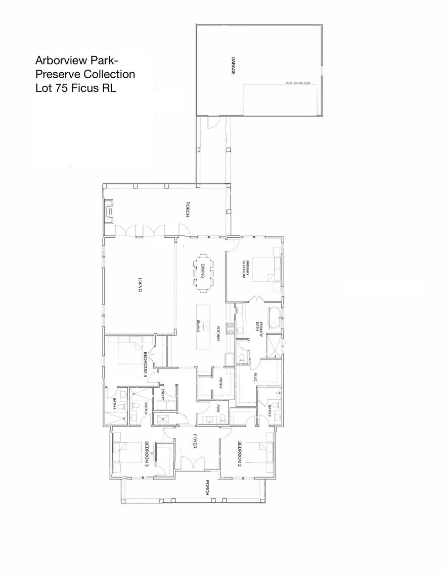 The Ficus rear-load garage plan in the Preserve Collection at Arborview Park is designed with a single-level layout that separates the primary living spaces from the secondary bedrooms while maintaining direct access to outdoor living areas.

The central portion of the home includes the kitchen, dining, and living areas arranged in an open layout with clear sightlines to the rear screened porch. The kitchen is outfitted with quartz countertops, upgraded cabinetry with soft-close drawers, under-cabinet lighting, a full appliance package including a dual fuel range and vent hood, and a large island designed for prep and seating. 
The living area connects directly to the screened porch, which can accommodate an optional fireplace and serves as the primary extension of the indoor living space. 

The primary suite is positioned on one side of the home for separation and includes a walk-in closet and a bath with tile flooring, a walk-in shower with handheld fixture, and quartz surfaces. Secondary bedrooms are located on the opposite side of the home, along with additional full bathrooms, creating a functional layout for guests or family.

A rear-load detached garage connects to the home via a covered walkway, keeping the front elevation focused on the entry porch while maintaining private access from the rear.

This home includes a range of upgraded features throughout, including luxury vinyl plank flooring in all main living areas, tile in all bathrooms and laundry, pre-wiring for speakers in the living room, kitchen, primary bedroom, and porch, and a gas stub for a future grill. Additional features include a tankless water heater, impact-rated windows and doors, CAT6 wiring, and a full landscaping package with irrigation .

The Preserve Collection homesites in Arborview Park are approximately 150 feet deep, providing additional backyard space and flexibility for future outdoor features.