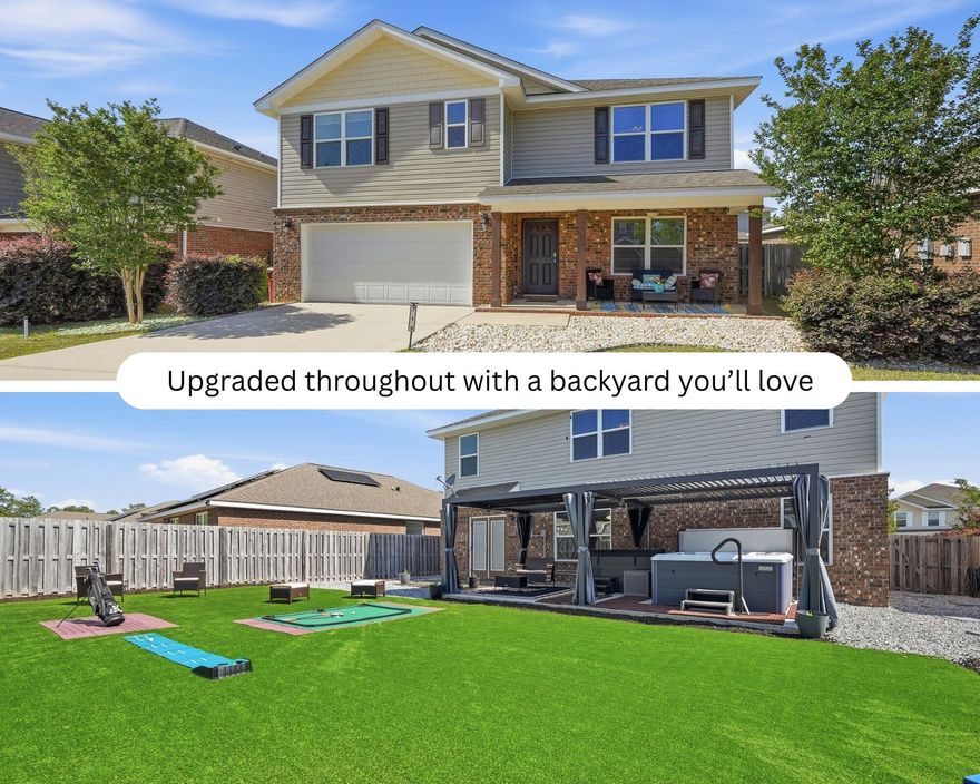 Move-in ready 5BR/3BA home in Redstone Commons featuring an open-concept layout with granite countertops, backsplash, and stainless-steel appliances. The backyard is a true standout with an extended patio, synthetic grass, hot tub, cold plunge, and a covered pergola with adjustable louvers, offering the option for sun or shade while relaxing or entertaining. Beautiful upgrades to the primary bath and downstairs bath add style and comfort, while the garage features an upgraded garage floor coating. Conveniently located approximately 22 miles from Eglin AFB and about 7 miles from 7th Special Forces Group.