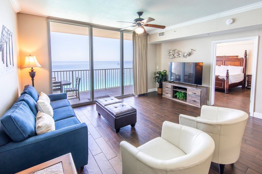 Wake up to gorgeous Gulf views from your master bedroom in this beautifully maintained 1 bedroom, 2 bathroom condo at Tidewater Beach Resort. Offered at $425,000, this unit is perfectly positioned for both personal enjoyment and strong rental potential. Open concept with spacious kitchen, granite countertops, and floor-to-ceiling windows that flood the living space with natural light. The master suite offers direct access to the balcony and breathtaking water views. A separate bunk room provides extra sleeping space for guests or little ones. This is perfect for vacationers and families alike.
Tidewater Beach Resort features top-tier amenities including two large pools, an indoor heated pool, fitness center, theater, and 24-hour security. Located within walking distance to Pier Park.