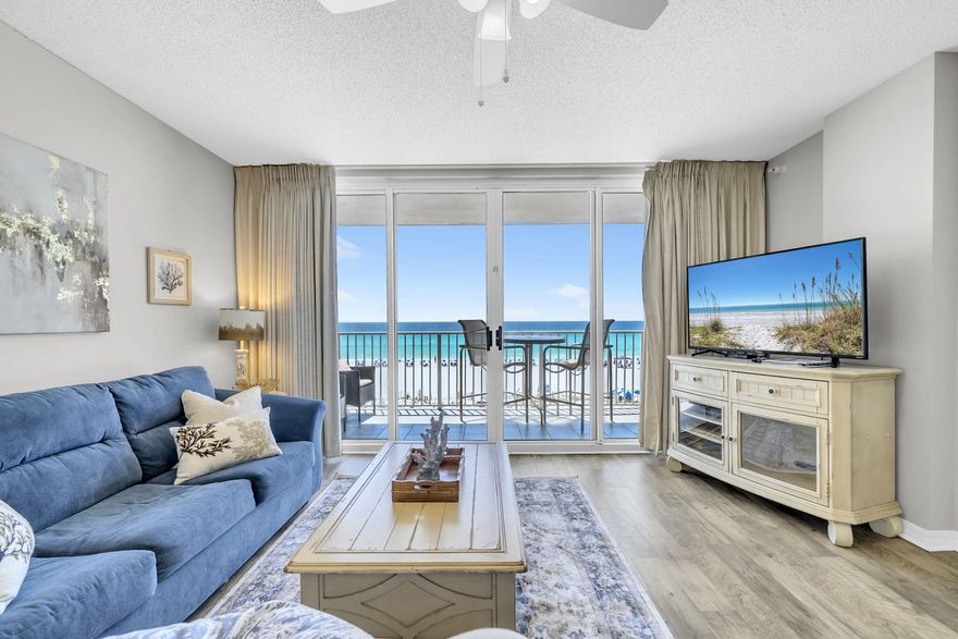Turn-Key Gulf-Front Investment with Proven Rental Income at Island Princess Welcome to one of Okaloosa Island's premier Gulf-front resorts where strong rental history meets effortless coastal living. This beautifully maintained 2-bedroom, 2-bath unit has been owned by the same owner for over 20 years and offers a consistent, proven rental track record making it an exceptional opportunity for investors or those seeking a second home that pays for itself.
Step inside to a spacious, open floor plan designed to maximize both comfort and views. Enjoy unobstructed Gulf views from the living room and primary suite, with two access points leading to a private covered balcony perfect for morning coffee, sunset watching, and spotting dolphins right offshore. This unit is truly turn-key and rental -ready, offered fully furnished with updated décor and furnishings, stainless steel appliances, updated gold kitchen and bath hardware, all white kitchen cabinets and countertops giving the luxurious-beachy vibe, plus an updated HVAC system and water heater. Additional conveniences include deeded covered parking and in-unit laundry. Residents and guests enjoy resort-style amenities including a Gulf-front pool, hot tub, beach service available for guest, and approximately 500 feet of pristine white sand beach. Location is everything and this unit delivers. Just minutes from:  The Boardwalk on Okaloosa Island for dining, shopping, and nightlife Gulfarium Marine Adventure Park for family-friendly entertainment Okaloosa Island Pier for fishing and sightseeing
HarborWalk Village just a short drive away for waterfront dining, boating, and events. Plus easy access to grocery stores, beach shops, and local favorites throughout Fort Walton Beach and Destin Whether you're looking for a high-performing vacation rental, a second home, or a full-time beachfront retreat, this unit checks every box.