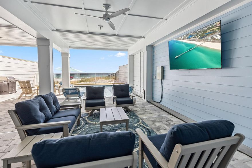 7 bedroom, 8.5 bath Gulf-front beach house in Panama City Beach with a heated private pool, parking for up to 9 vehicles, and no HOA restrictions. Built in 2025 and offered fully furnished, the home combines direct beachfront living, large gathering spaces, and high-end finishes for buyers seeking a luxury second home, private retreat, or income-producing property. The property has more than $200,000 already booked for 2026 and is projected to generate up to $400,000 annually.

The main living area features an approximately 30 x 30 open layout designed for large groups, with Gulf views from nearly every angle. The chef's kitchen is centered around a 10 x 5 island with granite slabs imported from Brazil, dual refrigerators, wraparound seating, and a 75-inch wall-mounted TV. The home also includes 12 smart TVs, a 412-game arcade console, and a third-floor entertainment lounge with space for movie nights, games, a pool table, or air hockey. The primary suite includes 16-foot ceilings, chapel windows overlooking the Gulf, and a private lounge area with a coffee and wine bar.

Freshly styled with more than $150,000 in designer furnishings, accessories, and custom window treatments, the home delivers a turnkey Gulf-front experience. Hurricane-impact windows, a 10-foot sliding glass door, and triple-pane Therma-Tru doors are designed to capture the views while adding protection from coastal weather. A commercial-grade fire suppression system with 24-hour monitoring adds another layer of safety throughout the home and outdoor spaces.

Outdoor living is a major feature, with an approximately 30 x 25 beachfront deck overlooking a heated 12 x 23 Gulf-front pool with an 8 x 6 sun shelf and two heaters. A powder-coated aluminum safety fence helps secure the pool area without blocking the Gulf view, and reinforced balcony railings provide added peace of mind. The lot extends all the way to the wet sand, creating a rare stretch of usable beachfront directly behind the home. There is also room for jet skis and other beach gear.

Seller states this is the first beachfront home on Panama City Beach built on 12 x 12 concrete pilings driven 20 feet deep rather than traditional wood pilings. The exterior also features Hardie Board siding secured with stainless screws and a rust-resistant aluminum roof designed to last 30 years or more. Located minutes from Pier Park and near the soon-to-open Tootsies, Top Golf, and Dolly Parton's Pirates Voyage. Buyer to verify all dimensions, bookings, income projections, and future development timelines.
