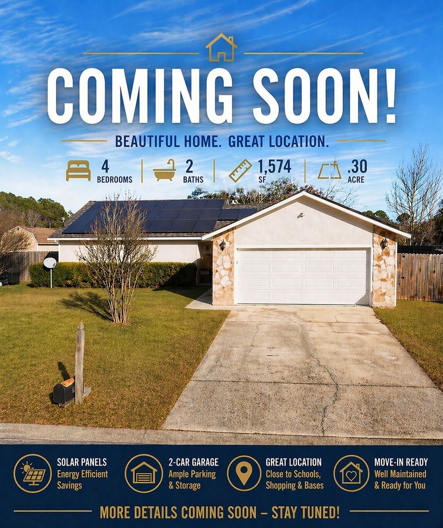 Welcome to this beautifully updated 4-bedroom, 2-bath home in Crestview, offering over 1,574 SF of comfortable living space in a well-established neighborhood.This home features a fully upgraded kitchen and bathrooms, showcasing modern finishes that blend style and functionality.

Step inside to a spacious layout with a bright living area, highlighted by natural light and inviting gathering spaces.The kitchen flows seamlessly into the dining area, making it perfect for both everyday living and entertaining. The primary suite offers a private retreat with dual vanities, a garden tub, and a walk-in shower.

Major updates provide peace of mind, including a brand-new roof (2024) new 
(AC-2025) water heater (2024)Don't miss your opportunity to own a move-in-ready with energy-Savings solar panel