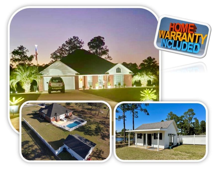 1 Yr HOME WARRANTY Traditional all brick, NEW ROOF Waterfront on .74 Acre (100' WF), in-ground pool MOVE IN READY in Ten Lakes Estates with Separate waterfront Cottage. 3BR, 2 BA, 2-car attach garage & large custom built-in office. NEW: KitchenAid appliances, LG W&D, water heater, Plantation Shutters, ceiling fans, faucets, tiled shower, LED lights throughout, stone kitchen backsplash, cottage paint & all room paint touchups, 65'x 8' privacy fence, new 48'x12' deck, 6'' gutters, HVAC. Ceilings: 10' Vaulted or Trey. TOTAL 2,115SF (Cottage 275SF). City water, septic, irrigation-separate well. Corian kitchen with large island & pantry. Ensuite Primary water view bay window, soaking/jetted tub, new separate tile shower. 30'x15' LR. 2 guest rooms - split floorplan. Mature Palm tree
