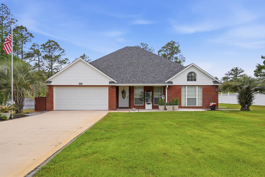 MOVE-IN READY. Traditional all brick, NEW ROOF Waterfront home on .74 Acre (100' WF), in-ground pool in desirable Ten Lakes Estates with Separate waterfront Cottage. Well maintained 3BR, 2 BA, 2-car attach garage & large custom built-in office. NEW: KitchenAid appliances, LG W&D, water heater, Plantation Shutters, ceiling fans, faucets, tiled shower, LED lights throughout, stone kitchen backsplash, cottage paint & all room paint touchups, 65'x 8' privacy fence, new 48'x12' deck, 6'' gutters, HVAC. Ceilings: 10' Vaulted or Trey. TOTAL 2,115SF (Cottage 275SF). City water, septic, irrigation-separate well. Corian kitchen with large island & pantry. Ensuite Primary water view bay window, soaking/jetted tub, new separate tile shower. 30'x15' LR. 2 guest rooms - split floorplan. Mature Palm trees