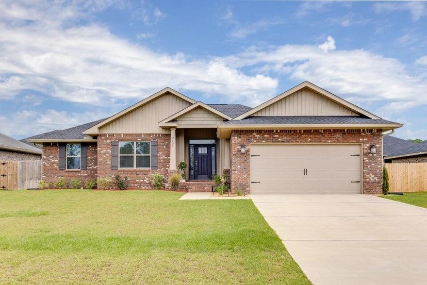 Welcome home to this 2024-built, Craftsman-style residence located in the quiet and desirable Silvercrest community of North Crestview. Offering 2,105 square feet, 4 bedrooms, and 2 bathrooms, this thoughtfully designed home features a four-sided brick exterior, elevated ceilings, and a functional split-bedroom floor plan ideal for both everyday living and entertaining. The open-concept living areas showcase Coretec Pro-Plus flooring, while the bedrooms feature durable carpet for added comfort. The kitchen and bathrooms are finished with granite countertops, ample cabinetry, and modern finishes, creating a clean and timeless look. The spacious primary suite includes a tray ceiling, two walk-in closets, a separate walk-in shower, and a relaxing garden tub. Additional interior highlights include 5¼" baseboards, bullnosed corners in formal areas, an inside laundry room, and a walk-in pantry conveniently located near the kitchen and laundry area. The great room opens to a large covered lanai, perfect for enjoying Florida mornings and unwinding in the evenings. Outside, the home is fully sodded, equipped with a sprinkler system, and features a fully fenced backyard with a wood privacy fence. A two-car garage provides ample parking and storage. Residents enjoy a low HOA of just $350 per year. Conveniently located near Publix, shopping, and dining in Crestview, with easy access to military bases with approximately 15 miles to Duke Field and 26 miles to Eglin Air Force Base. This move-in-ready home offers comfort, style, and location in one complete package.