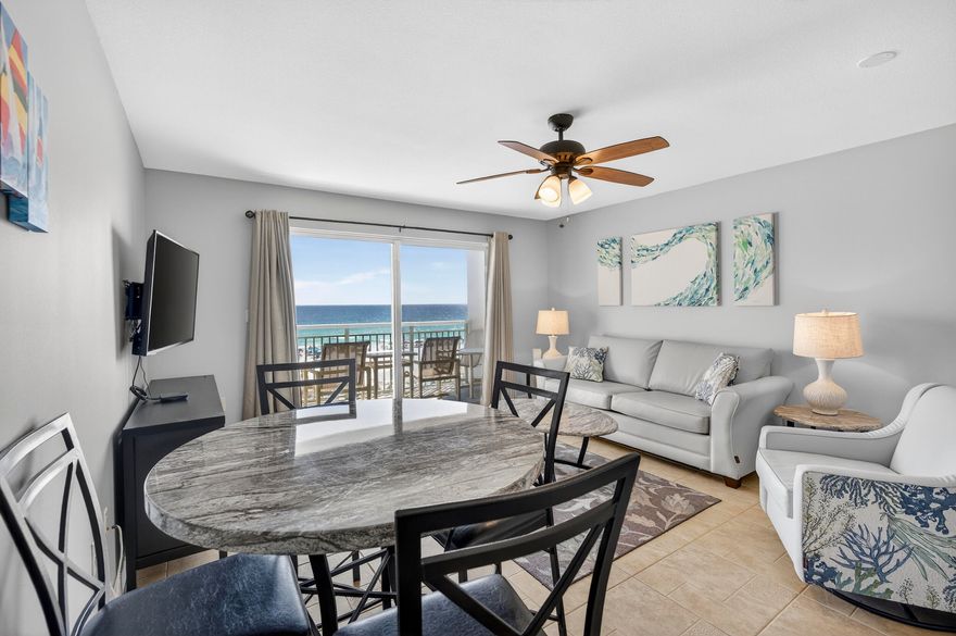 The view says it all! Pelican Isle is one of the most sought-after Gulf-front resorts on Okaloosa Island. This beautifully 1BR/2BA unit with hallway bunks sleeps 6 comfortably.  Sold fully furnished and rental-ready with LOTS OF FUTURE RESERVATIONS.  The condo includes a 2024 water heater, 2021 HVAC, fresh paint, and a new couch. No carpet and no popcorn ceilings. Ideal as a vacation rental or a second home. Pelican Isle offers a gulf front pool (seasonally heated), hot tub, fitness room, BBQ area, and direct beach access. Convenient to the Boardwalk, dining, and local attractions.