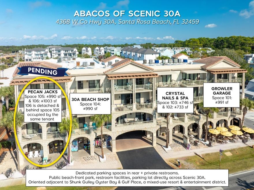 POTENTIAL IMMEDIATE OCCUPANCY! Prime commercial retail storefront on Scenic 30A in Santa Rosa Beach, Florida! This prime two-unit, end-cap commercial space projects a strong presence on Scenic 30A in Santa Rosa Beach, Florida, and captures high visibility from the synergistic peripheral uses that include the mixed-use, entertainment development known as Gulf Place, and flanked by Shunk Gulley Oyster Bar & Papa Surf Burger Bar; all located directly across from the expansive and popular public beachfront park known as Ed Walline Regional Beach Access (located at 4447 County Hwy-30A W, Santa Rosa Beach, FL 32459). Abacos offers dedicated parking spaces for patrons, and the site has exceptional access from Highway 98 via County Road 393 and Scenic 30A. Please inquire for... further details. Showings require a minimum of 48-hour notice.  Please do not confront tenant's employees.  The operating business (aka, tenant's going concern) is not offered for sale; rather, only the real property is being offered for sale.  No intellectual property involving the current tenant shall convey to a buyer upon closing.
