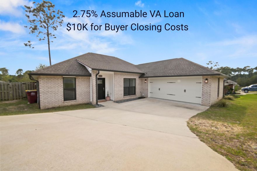 2.75% Assumable VA AND $10K towards closing costs makes this south Crestview home an attractive alternative to cookie cutter new construction. This beautiful 4 bed/2 bath home is south of Interstate 10 in Crestview in a family friendly neighborhood.  With easy access to I10, military bases, beaches and all the shops and restaurants in Crestview, this home is ready for a new family looking for location and style. The entire home is decorated in modern finishes from the new paint to the light fixtures and kitchen appliances. The large chef's kitchen is sure to please the most discerning cooks while the large open planned living area is perfect for hosting friends or for family evenings. The master suite features a large room and bath with dual vanities, soaking tub and separate shower.  The home has been redistricted to Antioch Elementary School and the washer & dryer convey. This home will not last, hurry and schedule your appointment to see today.