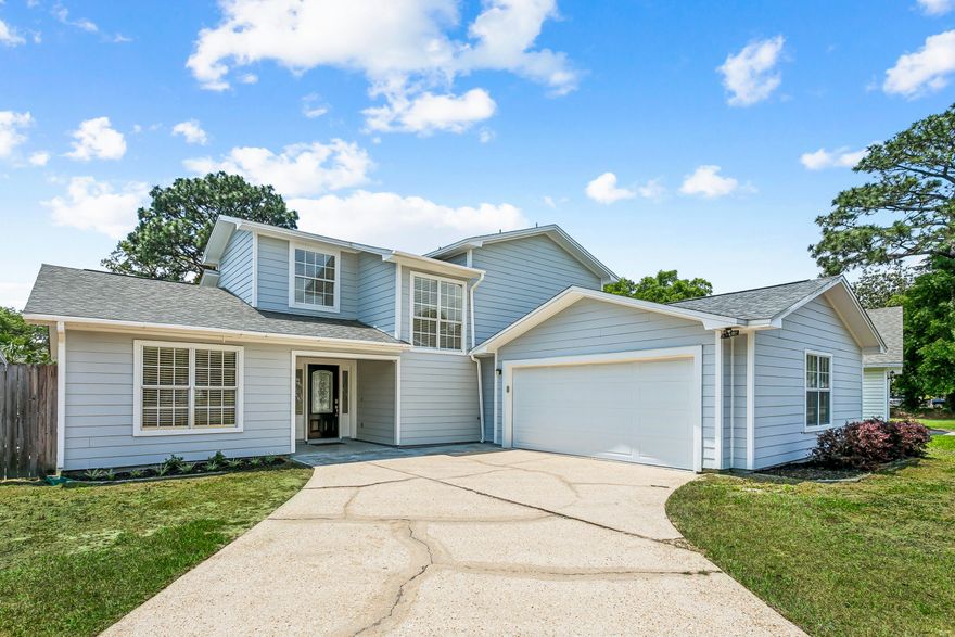 Welcome to this beautifully updated corner-lot home in the desirable Bluewater Bay neighborhood of Meadow Woods, offering unbeatable convenience and coastal living. With easy access to the Mid-Bay Bridge, you can reach the stunning white-sand beaches in under 15 minutes. Shops, A rated schools, and Eglin AFB are all close by, making this an ideal location.
Freshly painted inside and out, this home feels bright, clean, and move-in ready. Step inside to soaring ceilings and a welcoming gas fireplace that anchors the spacious Great Room, featuring all-tile flooring for easy maintenance. The kitchen opens to the living area and includes granite countertops, stainless steel appliances, a breakfast bar, and a sunny dining space. A utility room with washer/dryer hookups adds everyday convenience. The main level includes two bedrooms with brand-new natural wood-look LVP flooring and a shared full bath. Upstairs, the private master suite offers a peaceful retreat with its own balcony (recently redone), a double-vanity bath, and a large walk-in shower. A loft area provides flexible space for an office, reading nook, or hobby area. The staircase and master bedroom also feature the newly installed LVP flooring.
A door from the kitchen leads to the fully fenced backyard, perfect for pets, play, or outdoor entertaining.
Major system updates add peace of mind: Roof replaced in 2020, HVAC in 2017, and gas water heater scheduled to be replaced.
This home blends comfort, thoughtful updates, and a prime location -- a fantastic opportunity in Bluewater Bay with no HOA.