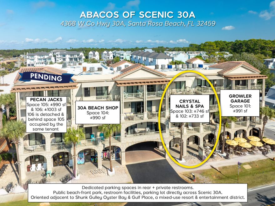 POTENTIAL IMMEDIATE OCCUPANCY! Prime commercial retail storefront on Scenic 30A in Santa Rosa Beach, Florida! This prime two-unit, end-cap commercial space projects a strong presence on Scenic 30A in Santa Rosa Beach, Florida, and captures high visibility from the synergistic peripheral uses that include the mixed-use, entertainment development known as Gulf Place, and flanked by Shunk Gulley Oyster Bar & Papa Surf Burger Bar; all located directly across from the expansive and popular public beachfront park known as Ed Walline Regional Beach Access (located at 4447 County Hwy-30A W, Santa Rosa Beach, FL 32459). Abacos offers dedicated parking spaces for patrons, and the site has exceptional access from Highway 98 via County Road 393 and Scenic 30A. Showings require a minimum of... 48-hour notice.  Please do not confront tenant's employees.