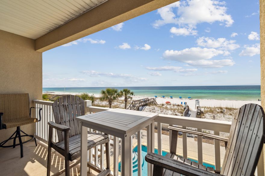 Perched just above the shoreline on the second floor of a low-density, nine-unit building, this one-bedroom, one-bath condo at Veranda on Okaloosa Island delivers uninterrupted views of the gulf and an intimate, uncrowded beachfront experience. With only a handful of neighbors, you'll enjoy the rare privacy and quiet that larger complexes can't offer — all while being steps from the sand.

Inside, the 754-sq.-ft. layout is thoughtfully designed and beautifully finished. Coastal tones and tasteful decor create a calming atmosphere throughout. The living area opens directly to a private gulf-front balcony where waves are your backdrop for morning coffee or evening wine. The bedroom features a king bed and ensuite bath for a comfortable retreat, while hallway bunk beds and a queen sleeper sofa in the living room offer sleeping space for up to six. An upgraded, fully equipped kitchen makes meals easy, and the in-unit washer and dryer add extra convenience for more extended stays. For owner flexibility, the unit also includes a private lockout closetperfect for securely storing personal items between visits.

Recent upgrades include a new water heater and AC unit, giving future owners peace of mind. Community amenities include covered parking, a gulf-side pool and direct beach access.

Whether you're searching for a vacation getaway or a rental-ready investmentearning approximately $30,000 annuallythis charming condo offers everything needed for a strong return and a relaxing escape on Okaloosa Island.