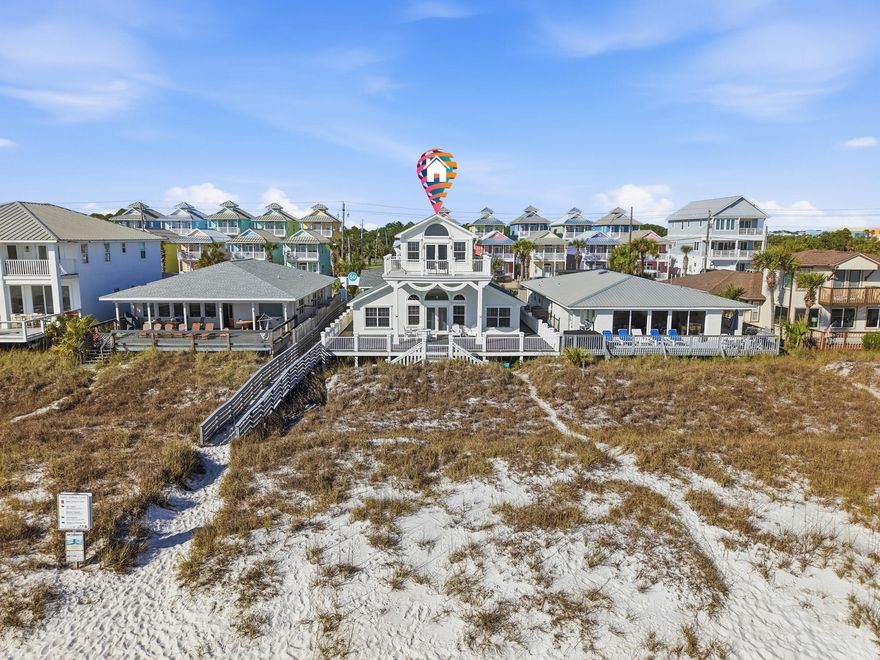 Don't miss this stunning 5-bedroom beachfront home near Pier Park in Panama City Beach. The spacious living area features vaulted ceilings and large windows with breathtaking Gulf and white sand views. Step onto the expansive back deck on a 50-foot lot to enjoy sunsets and ocean breezes.

The open kitchen flows into the living space, with two dining areas perfect for entertaining. The first floor includes a bedroom with ensuite bath, plus two additional bedrooms and a full bath. The second floor offers a cozy sitting area and fourth bedroom. The third-floor master suite boasts 180-degree views, a private balcony, and a luxurious bath. Additional features include a garage, laundry room, and outdoor shower.
