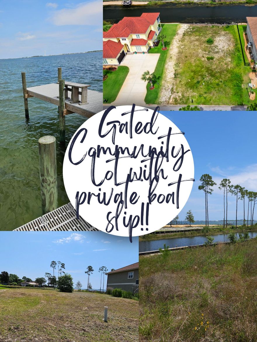 DEEP WATER BOAT SLIP INCLUDED with power and water at the end of neighborhood's 400ft dock!
Cleared, ready to build lot with Fantastic views of the Sound/Intracoastal Waterway in a gated community of upscale Mediterranean style homes!     Come build your dream home in this quaint neighborhood of beautiful custom-built homes!  Neighborhood has underground utilities, private dock, your own deep water boat slip and sandy beach. Aside from the great sound views, there is a lake behind the lot as well!   Only 9 minutes from the sugar white sands of the Gulf of Mexico on Navarre Beach! Get ready to enjoy a true coastal lifestyle!