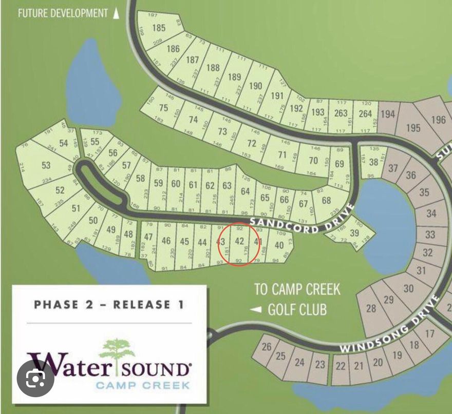 Looking for the perfect spot to build your dream home in Watersound Camp Creek? 42 Sandcord is a .38 acre lot on arguably the best street in the neighborhood. Sancord Drive is a quiet cul-de-sac street, far away from the noise of Hwy 98. Lot 42 is rectangular in shape and backs a very private wooded area, affording complete privacy from behind. Tucked inside this luxury, gated, rental-restricted neighborhood, Watersound Camp Creek is the perfect spot to build your dream home. Buying in Camp Creek gives you the opportunity to join the exclusive and adjoining Watersound Club without having to pay the $75K+ new membership fee. You'll have access to 4 amazing golf courses at Camp Creek, Sharks Tooth and Origins, one recently completed and designed by Davis Love. And it's not just about golf--there's a state-of-the-art wellness center/gym, an adult pool, a fun lagoon-style pool, great dining options, plus tennis and pickleball facilities.

The location couldn't be better--right between Scenic Highway 30A and Highway 98! You're just minutes from Watersound Town Center where you'll find a huge Publix, medical offices, and plenty of restaurants. Plus, being so close to 30A means easy access to spots like Alys Beach, Kaiya and Rosemary Beach for even more dining, shopping, and entertainment.

If you're looking to build in one of the most sought-after communities on the Emerald Coast, 42 Sandcord Drive is it. Watersound Camp Creek truly offers the best of 30A living!