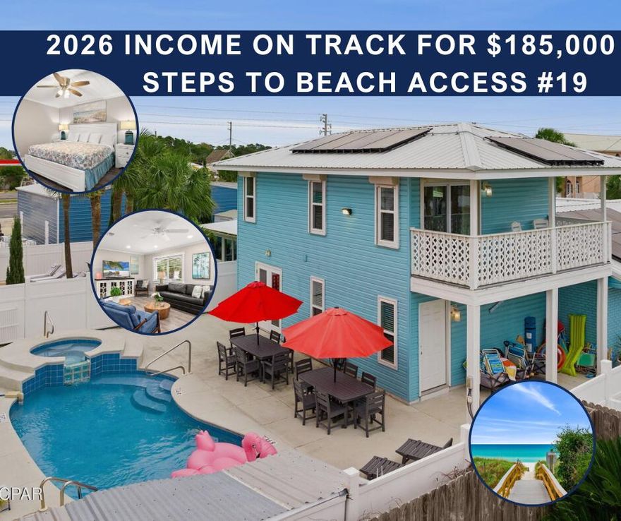 ***2025 RENTAL INCOME:  $175,000
***2026 BOOKINGS AT $172,000 YTD AND ON TRACK FOR $185,000

This beach house has it ALL! Sleeping up to 24 people across 6 bedrooms and 2 sleeper sofas, this is the perfect memory-making personal vacation home, generously-sized private beach residence, or lucrative short term rental investment. Whether you are accommodating multiple generations vacationing together or a group of friends for a quick trip to the beach, the possibilities are endless. Come see for yourself!   HIGHLIGHTS INCLUDE:
--One house away from public beach access #19
--Private heated pool and hot tub
--Gulf views from upstairs balcony
--Great outdoor entertaining space
--4 of 6 bedrooms on the first floor
--4 full baths 
--TWO bunk rooms (one up, one down)
--Fully furnished and seats up to 20 for dining
--Parking for up to 6 vehicles
--Large laundry with storage
--TWO living areas
--Full kitchen PLUS kitchenette
--Solar panels to reduce electricity expense
--Low maintenance metal roof

Ask your realtor for the AirBNB link and the FACTS AND FIGURES on this property year to date.  Walkthrough video available in PHOTOS or tour in person.  

See the walkthrough video attached to this listing, and ask your agent for the Airbnb link as well.

Thank you for your interest.  We look forward to your offer!
