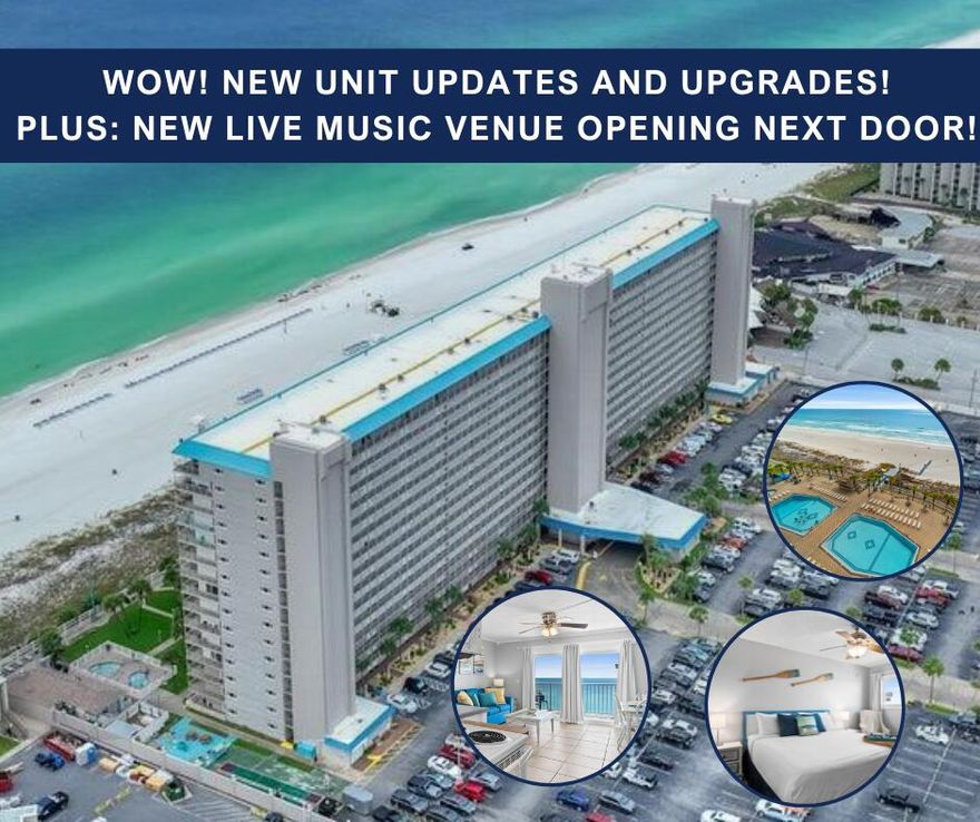 UPDATES AND NEW PHOTOS COMING SOON!  Do NOT sleep on this unit!

With the new Tootsie's Orchid Lounge opening next door, The Summit is THE PLACE TO BE.  Live music + entertainment + great food (even a pool!) = a new 'amenity' for guests and owners that you don't have to pay for, so be sure to take advantage of this new attraction and get in on the great price on #1012 NOW.

The Summit is a long-beloved vacation spot for generations of visitors to Panama City Beach and also has great repeat Snowbird business. This condo unit is fully furnished as a short-term rental and features the following: 
--Private bedroom with new LVP flooring
--En-suite bath off the main bedroom with shower/tub combo
--2 twin bunks in the hall
--Half bath in the hall
--Sleeper sofa in living room
--Compact kitchen with all necessities
--Extra counter space, drawers, and cabinets
--Full size Amana washer and dryer
--Tile in hall, baths, and kitchen/dining/living room
--GE electric stove
--Built-in microwave
--Hotpoint refrigerator
--Double sink
--Dining table with 4 chairs
--7' x 15' balcony with outdoor furniture

The Summit grounds feature a gated entrance, 24-hour security, 2 pools (one heated seasonally), 2 hot tubs, 2 kiddie pools, a poolside Tiki Bar, a full-service restaurant (Bikini Bob's), fitness center, game room, ice cream/snack and gift shops, jet ski rentals, shuffleboard, and lighted tennis/pickleball courts.

See the walkthrough video attached to this listing, and ask your agent for the Airbnb link as well.

Thank you for your interest. We look forward to your offer!