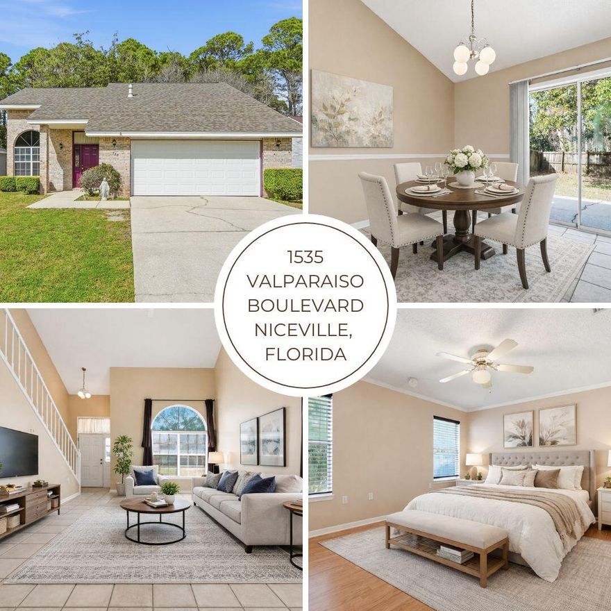 LOCATION - LOCATION - LOCATION!!! Bright and cheerful 3-bedroom, 2-bath home located in the heart of Niceville, Florida! This inviting property features a spacious living room with tall vaulted ceilings and an abundance of natural light. Tile flooring runs throughout the main living areas, kitchen, and bathrooms for easy maintenance and durability. 

The master bedroom is complete with LVP floors and is conveniently located on the first floor, while two additional bedrooms and a full bathroom are situated upstairs, offering privacy and flexibility. The home also includes a spacious kitchen, indoor laundry room, and a two-car garage.

Situated on a very deep lot with plenty of room for a garden or future pool, this property offers endless possibilities for outdoor enjoyment and entertaining complete with privacy fenced back yard. 
An affordable opportunity for first-time homebuyers with the added benefit of low county taxes.

This property is conveniently located closed to the Emerald Coast  beaches, bases, shopping and schools.
Don't miss your chance to own a home in this desirable location!