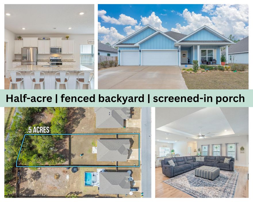 This 4/3 has a THREE CAR GARAGE and sits on a half acre lot? You found it! From the moment you enter, you will be amazed at the kitchen that offers a large granite island, plenty of cabinet space, stainless steel appliances, and a walk-in pantry. The kitchen is also open to the living and dining areas creating a perfect space for entertaining. From the living room, enjoy views of your fully fenced backyard with screened in porch and expanded patio! Each of the bedrooms are generously sized, offering comfort and versatility for your family or guests. The primary en suite features a garden tub, stand-up shower, double vanity, walk-in closet, and a private water closet. Schedule your showing today.