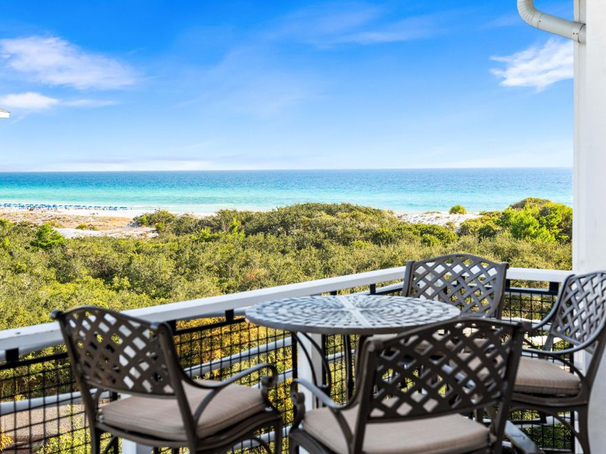 Discover a rare opportunity in WaterSound Beach with this top floor Compass Point residence comprised of two bedrooms and two full baths. This condo offers breathtaking southeast Gulf and dune views from the spacious corner balcony.  
This well-maintained condo offers a comfortable and functional layout. The open kitchen, living and dining spaces are bright and inviting with raised ceilings and a multitude of windows. The expansive balcony provides a perfect spot to unwind and soak in the beach views and breeze. The updated kitchen features stainless appliances and ample counter and cabinet space. 
The primary suite serves as a peaceful retreat with picturesque views from the windows, private balcony access and an updated ensuite bathroom with double vanity and walk-in shower. The spacious guest bedroom includes two queen beds and an updated ensuite bath with shower and double vanity.

The top-floor residences in Compass Point rarely come to market which makes this a very special opportunity.

The property conveys with a dedicated parking space, storage unit and golf cart parking area. Community amenities include multiple pools including one exclusive to  Compass Point condo owners.  Multiple parks, green spaces, a fitness center, and one mile of coastline with spectacular white sand dunes make this one of the most special neighborhoods along Highway 30A.