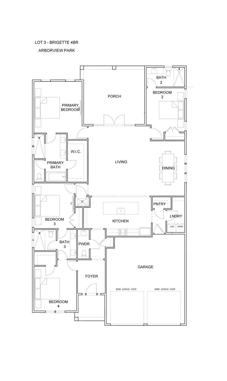 The Brigette plan offers 2,200 square feet, 4 bedrooms, 3.5 bathrooms, and a 2-car garage, located on Homesite 3 in the recently released Arborview Park neighborhood at Watersound Origins. Positioned on a homesite overlooking a retention pond, the property also includes rear fencing and a screened rear porch designed to take advantage of the water view. Estimated completion is end of July '26.

Entering through the foyer, Bedrooms 3 and 4 are positioned toward the front of the home with a shared full bath and nearby powder room, creating separation from the main living spaces. The layout then opens into the central kitchen, dining, and living areas, arranged for both daily use and entertaining.

The kitchen is centered within the home and includes quartz countertops, soft-close cabinetry, under-cabinet lighting, a herringbone tile backsplash extending to the ceiling, and additional cabinetry added to the back of the island for expanded storage and seating. A walk-in pantry and adjacent laundry room with added upper and lower cabinetry provide additional functionality.

The appliance package includes a dual fuel Bosch 36'' range with vent hood, microwave drawer built into the island, Bosch refrigerator, dishwasher, and a tankless water heater as part of the natural gas package. A gas stub has also been added for a future grill connection at the rear porch.

The primary suite is privately positioned at the rear left side of the home and includes a walk-in closet, tiled shower, quartz surfaces, and porcelain tile flooring. Bedroom 2 is separately located at the rear right side of the home with its own adjacent bath, creating an additional private guest suite option.

Additional features include 10-foot ceilings, luxury vinyl plank flooring throughout the main living areas, crown molding, melamine wrapped wood shelving systems in all closets and pantry spaces, pull-down attic stairs, and Hardiplank siding with heirloom brick detailing.

Located within Watersound Origins, Arborview Park provides access to the Origins Golf Course, Village Commons, trails, and community amenities.