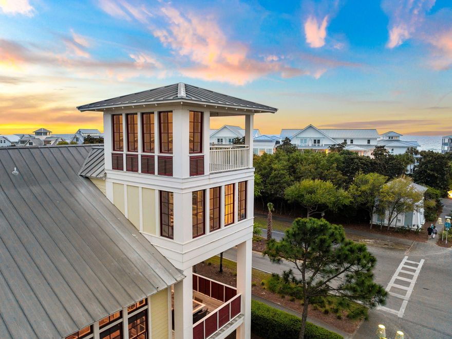 Located in the heart of WaterColor and designed by architect Dawn Thurber, this corner-lot residence offers multiple porches with Gulf views from its four-story watchtower. Positioned across from the WaterColor Beach Club, the home spans more than 5,000 square feet and includes seven bedrooms, a private pool, and a carriage house. Recent updates feature an additional third-floor bathroom, refreshed flooring, and upgraded lighting. Additional details include a central vacuum system and floor-to-ceiling impact glass windows.

The main living and dining areas are located on the second floor, providing privacy and abundant natural light. The living room features soaring ceilings and French doors that open to generous covered outdoor spaces, creating seamless indoor-outdoor flow. A formal dining area and additional sitting spaces offer flexibility, while the kitchen is equipped with premium appliances, ample cabinetry, and a bar seating area.

Accommodations include suites on each floor and in the carriage house, along with a built-in bunk area. The private pool is positioned between the main house and carriage house, complemented by a wood-burning fireplace and outdoor kitchen. A spacious mudroom includes custom built-ins, two sets of washers and dryers, and a changing room for convenient pool and beach access.

WaterColor offers a wide range of amenities, including a beach club, fitness center, town center, tennis and pickleball courts, walking and biking trails, and a boathouse with access to the lake for paddle boarding and kayaking. The community is also conveniently located just minutes from the dining and entertainment options along Scenic 30A. Inquire today to schedule a private showing and experience all that WaterColor has to offer.