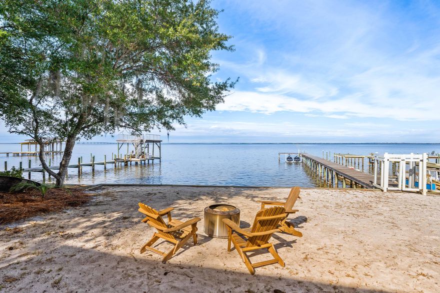 This contemporary 2-bedroom bay front bungalow is situated directly on Choctawhatchee Bay with direct water access and a private dock. The property features unobstructed views that stretch across the bay.

The concrete block construction and 20-foot hurricane-grade windows provide durability while framing water vistas from nearly every angle. The open-concept living space flows to outdoor areas featuring a 75-foot dock with bay access and a firepit overlooking the water.

The property includes generous storage and parking space for boats, kayaks, paddleboards, and recreational equipment. The modern kitchen and living area offer water views and a functional layout.