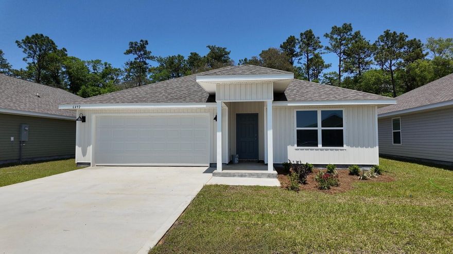 Welcome to Rivers Cove featuring a beautiful community pool and playground. The Cali model, one of our most sought-after designs, offers a fantastic open layout for relaxed living. Offers 4 bedrooms, 2 bathrooms, a covered back patio, 2-car garage, and the 'Smart Home Connect' System with various convenient Smart Home devices. The well-appointed kitchen includes stainless steel appliances, a smooth-top range, built-in microwave, quiet dishwasher, corner pantry, island bar, eye-catching wood-look flooring, and plush carpet in the bedrooms. Bedroom 1 and the adjoining beautiful bath boast a large walk-in closet, double vanity sinks and more. Fabric Hurricane window and door protection is also included. ALL LISTING pictures, colors, features, and size may vary. Square footages are approximate.