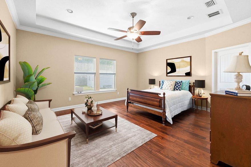 Beautifully maintained plantation-style home situated on one of the largest lots in the neighborhood, just minutes from the beach and approx. 2 miles from Pier Park in Panama City Beach. This 4BR/3BA home offers 2,250 SF with an open layout, 11' ceilings, crown molding, plantation shutters, and a spacious 18x22 great room. The kitchen features granite countertops, solid wood cabinetry, stainless appliances, gas range, large island, and walk-in pantry. The primary suite includes a garden tub, tiled shower, and double vanity. Enjoy a covered rear patio overlooking the oversized backyard with irrigation and storage building. Additional features include new HVAC and water heater (2025), metal roof, Hardie siding, low HOA dues, and oversized 2-car garage. Full description under More. Plantation-Style Home on an Exceptional Oversized Lot Near the Beach Positioned on one of the largest homesites in the neighborhood, this beautifully maintained 4-bedroom, 3-bath residence offers 2,250 square feet of thoughtfully designed living space just minutes from the Gulf and approximately two miles from Pier Park. Tucked within a quiet community off PCB Parkway, the setting combines privacy, convenience, and low HOA dues. A welcoming covered front porch opens to a spacious foyer and an impressive 18' x 22' great room. Elevated 11' ceilings, crown molding, recessed lighting, and plantation shutters create a bright and refined interior, while the open-concept layout allows for effortless flow between living, dining, and kitchen spaces. The kitchen is designed for both function and style, featuring solid wood cabinetry, granite countertops, stainless steel energy-efficient appliances, a natural gas range, a large island with pendant lighting, and a walk-in pantry. The primary suite offers a quiet retreat with elegant finishes, including crown molding and recessed lighting. The ensuite bath includes a tiled walk-in shower, garden tub, and double vanity. A separate guest suite with a private bath and walk-in closet provides ideal accommodations for visitors. Outdoor living is equally inviting, with a covered 25' x 11' rear patio overlooking the expansive backyard. The scale of the lot offers flexibility for entertaining, storage, or future enhancements, all supported by a full irrigation system. A large storage building adds additional utility without compromising space. Additional highlights include: Brand new HVAC system, 2025 Brand new water heater, 2025 Durable metal roof, Low-maintenance Hardie board siding, Plus, oversized two-car garage. This property delivers a rare combination of interior space, outdoor scale, and proximity to the beach, dining, and entertainment. Schedule your private showing to experience it firsthand.