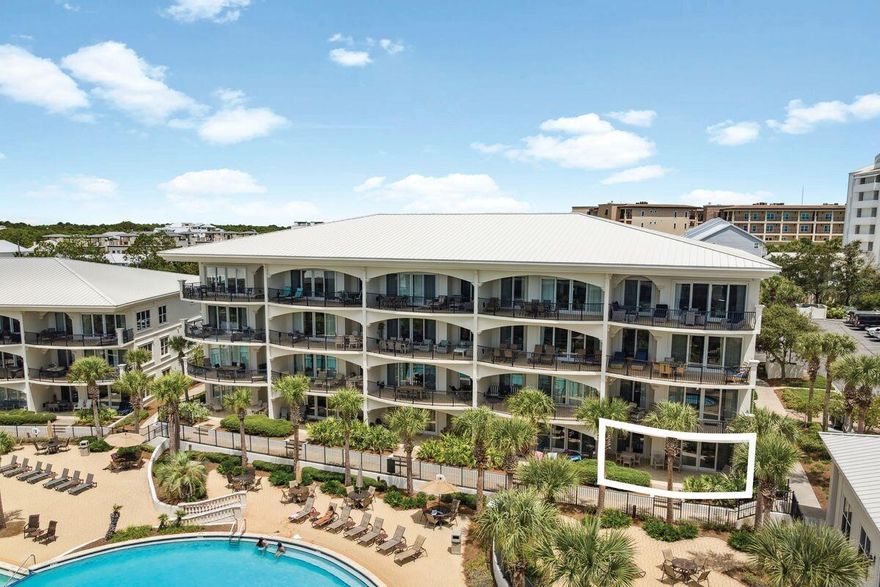 Rare offering of ground floor, corner poolside unit closest to beach walkover and fitness center with southern facing windows all along the side supplying lots of light! One of the top poolside rental revenue producers at Adagio, a sought-after beach resort on 30A with ~ $75K YTD as of August 2025.  Ground floor units are the most requested by renters for ease of coming & going & children. Featuring three large bedrooms with an additional bunk room cleverly concealed off the hallway to create a fourth sleeping area.  Bedroom floors have been updated to a lovely warm wood.  Enjoy resort-style amenities at your private beach with umbrella service, including a Gulf-front infinity-edged pool, 8,000 sq ft second waterfall pool right outside your patio, fitness center, grilling areas, dog walk, and gated security. Ideal as asecond home, full-time residence, or high-demand rental. This unit is on the Adagio 30A onsite property management program. Walk to popular restaurants, bistros, live music, health food store, bakery, yoga, spa, shops, all along a bike path!