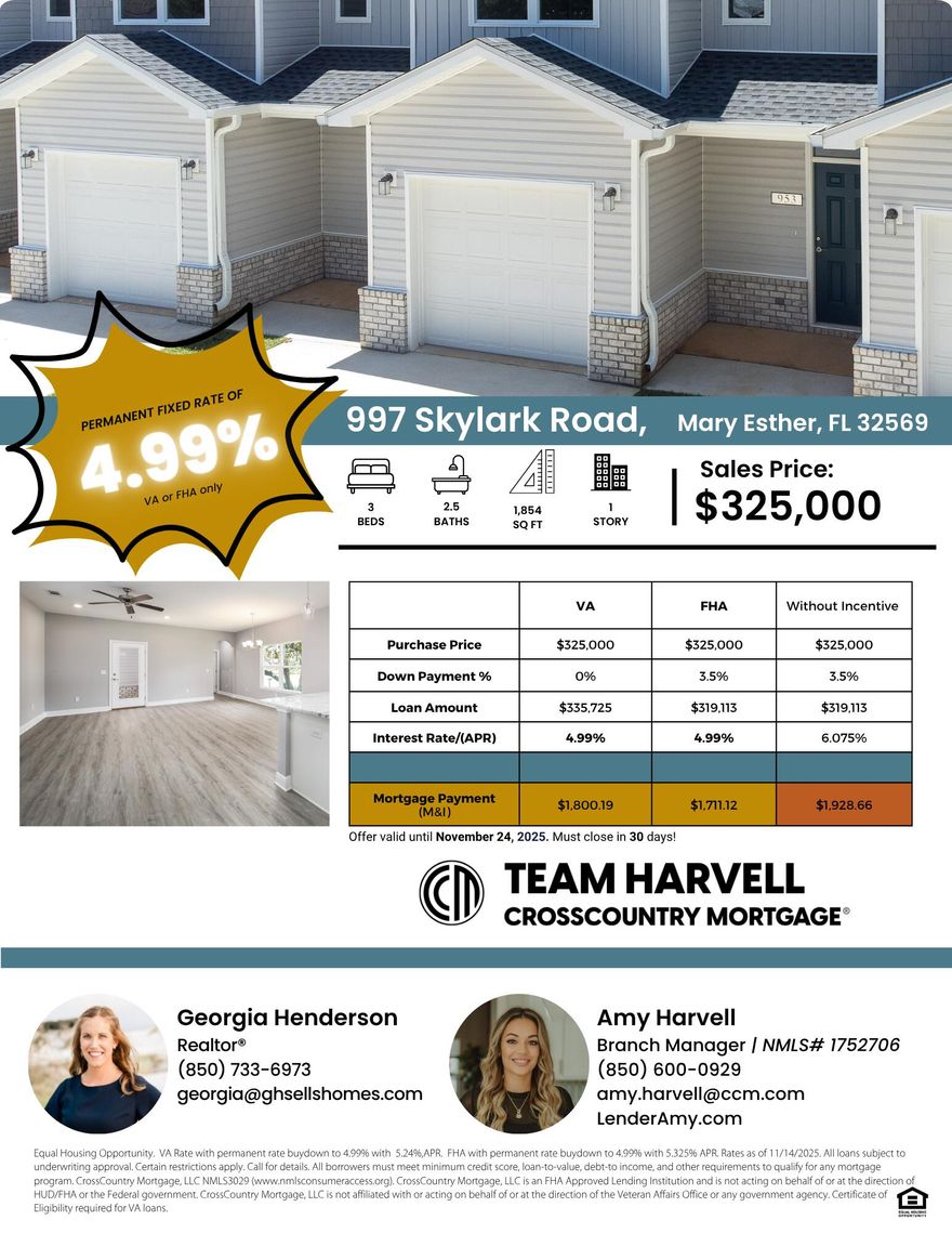 Built in 2023, these wonderful, spacious townhomes are now available for new owners with $20,000 incentives! With 1854 square feet, a Primary bedroom and bathroom on the FIRST floor, and two more bedrooms and another full bathroom upstairs, these units exude convenience and flexibility. Seller is offering incredible incentives, ask your favorite agent for details. Each unit has a private garage and ample parking space in the driveway, and you are located in close proximity to the beautiful Emerald Coast beaches, shopping, only 2.3 miles from Hurlburt Field Air Force Base, and so much more. Reach out to your favorite agent today to schedule a private showing!