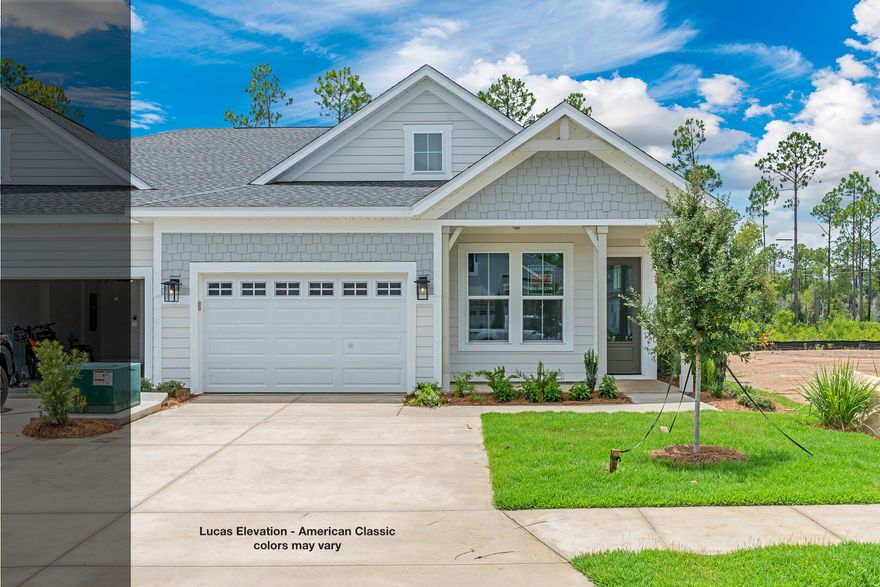 The Lucas plan offers 1,418 square feet, 2 bedrooms, 2 bathrooms, and a 1.5-car garage in the Villas at Longleaf Park within the Watersound Origins community. Positioned on a pie-shaped homesite overlooking a retention pond, the property combines low-maintenance living with outdoor space that includes a covered patio and privacy fencing. Estimated completion is TBD.

Designed with an open layout, the kitchen, dining, and family room connect seamlessly beneath 10-foot ceilings with 8-foot interior doors throughout. Large side windows and rear patio access bring natural light into the main living areas while maintaining a functional indoor-outdoor flow.

The kitchen includes upgraded soft-close cabinetry, Level 3 quartz countertops carried through the kitchen and bathrooms, an upgraded tile backsplash, walk-in pantry, and a GE appliance package with built-in appliances and a 5-burner gas cooktop. Luxury vinyl plank flooring extends throughout the home, complemented by craftsman-style trim and impact-rated windows.

The owner's suite includes a spacious walk-in closet and a bath finished with Level 3 quartz countertops . The guest bath features upgraded ceramic tile flooring and surround, while the secondary bedroom is positioned separately for added privacy and flexibility.

Additional features include a tankless water heater, gas grill rough-in, Smart Home package, irrigation system, and exterior lawn maintenance included for simplified ownership. Each residence is separated by a structurally independent 2-hour fire separation wall with insulated framing and layered gypsum board construction for added privacy and sound separation.

Located within Longleaf Park at Watersound Origins, the Villas offer convenient access to Watersound Town Center, Publix, dining, medical offices, Hwy 98, Village Commons, trails, and the Origins Golf Course.