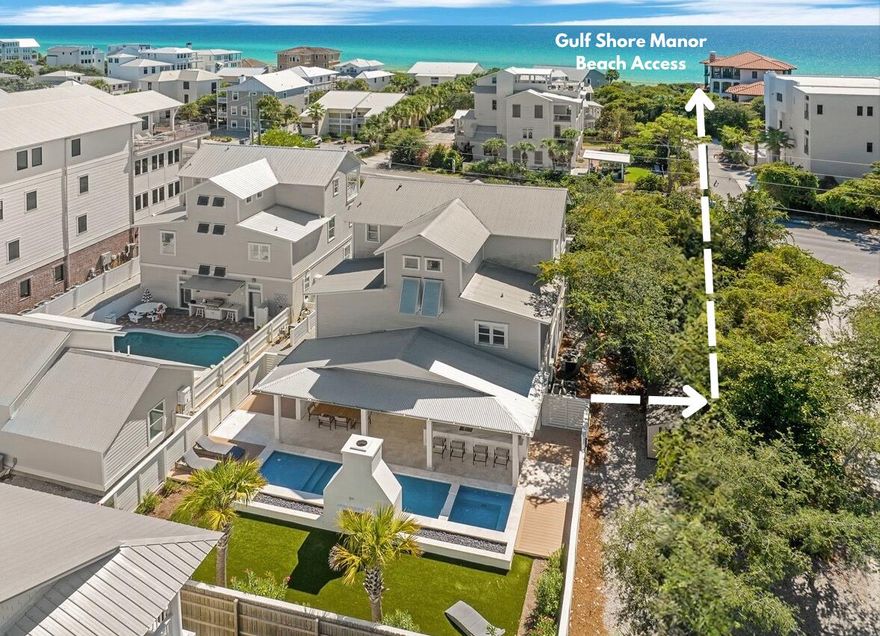 Gulf Views! Walk to Seaside! Positioned along Scenic Highway 30A with dedicated beach access directly across the street. This Gulf-view estate offers a refined balance of elevated design, privacy, and investment potential. Located just one mile from Seaside, the property sits within one of 30A's most coveted corridors, supported by strong and consistent rental demand. Situated on an expansive corner lot, a pedestrian pathway leads across the street to a secluded boardwalk and private beach easement exclusive to Gulf Shore Manor, providing effortless access to the sugar-white sands and Emerald waters of the Gulf. The fully re-imagined backyard has been completely redesigned as an expansive, private outdoor retreat complete with a pool and spa, covered outdoor kitchen and bar, multiple spaces for dining and relaxation. 
This beach home is thoughtfully designed to accommodate large groups without sacrificing comfort or sophistication, featuring six bedrooms including custom built-in bunks and flexible sleeping arrangements ideal for both private use and short-term rental performance. Interiors reflect a curated blend of a refined coastal feel and relaxed beach aesthetic, creating a timeless and inviting atmosphere. Professionally curated improvements allow for immediate enjoyment or seamless continuation of an established rental program.