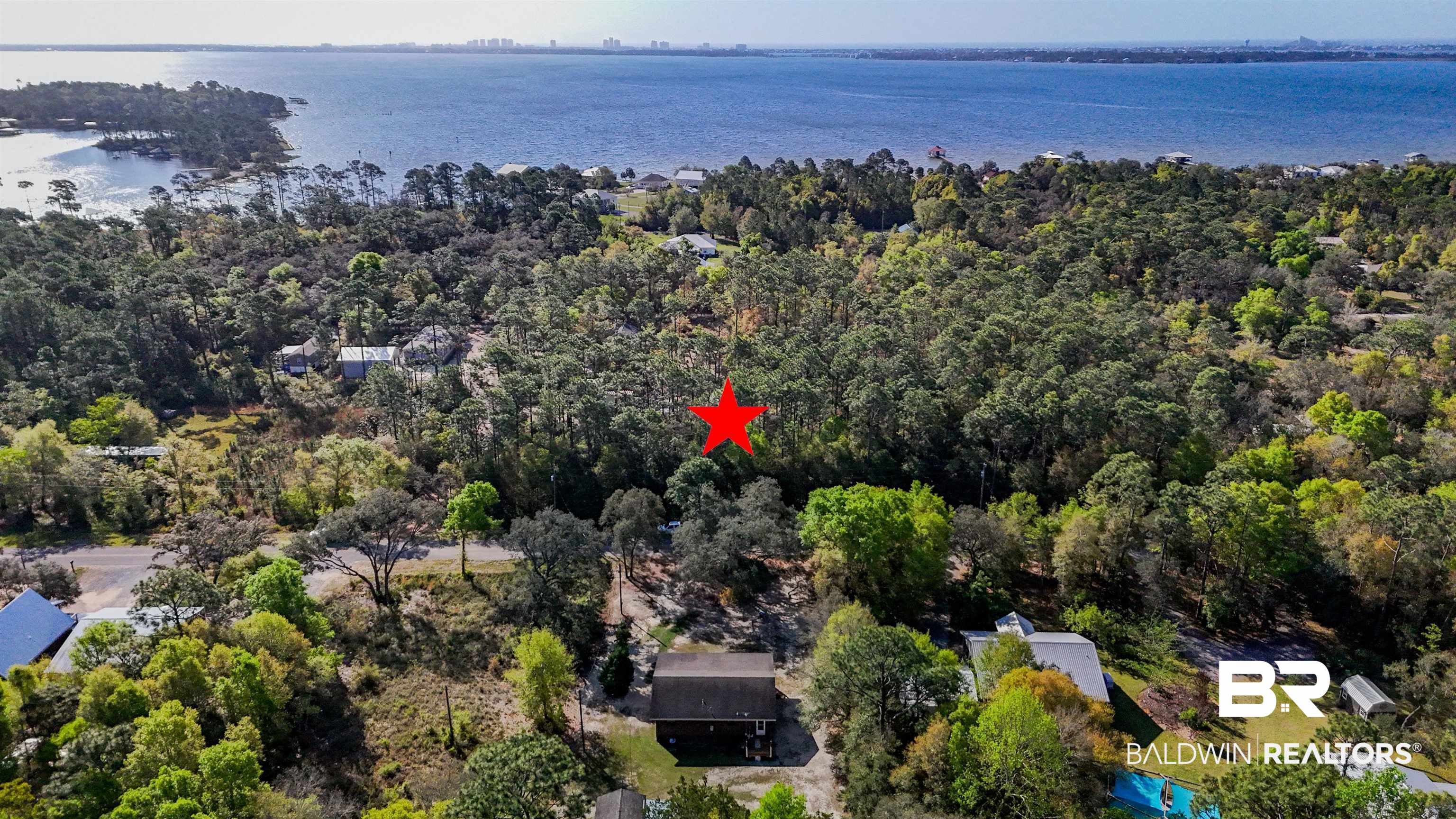 Aerial view of a nearby body of water and a forest