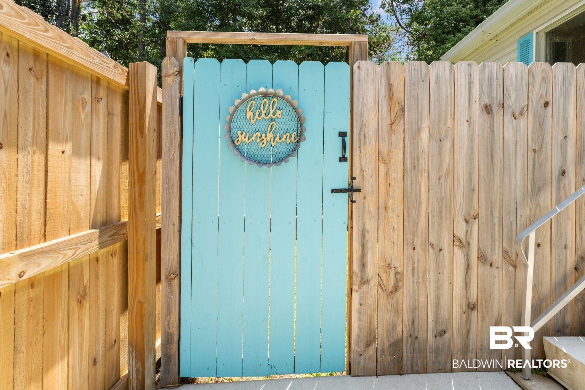 Turquoise plank gate featuring black hardware, framed by natural wood fencing