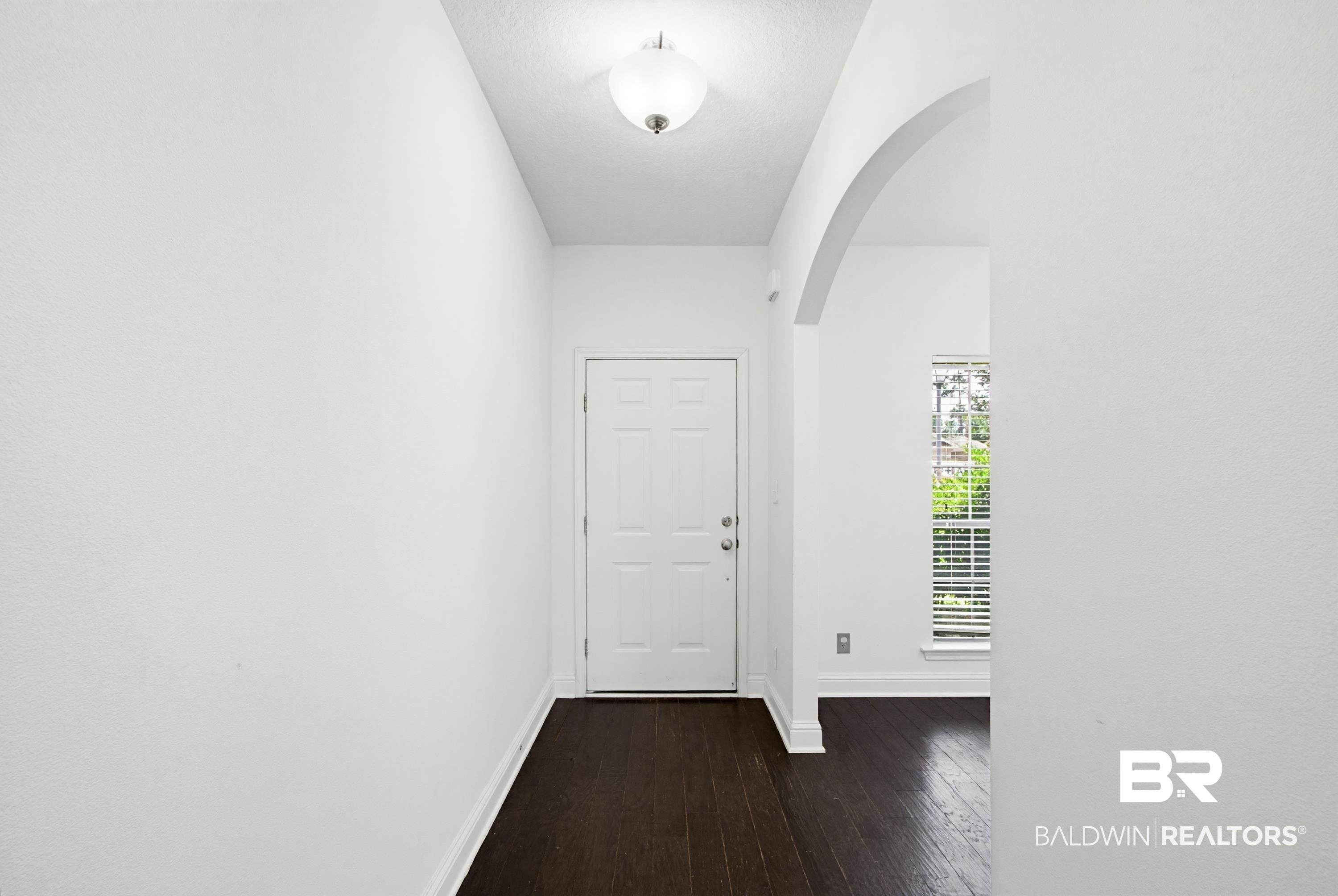 Entryway featuring a white paneled door, dark wood-finish flooring, and a flush mount ceiling light