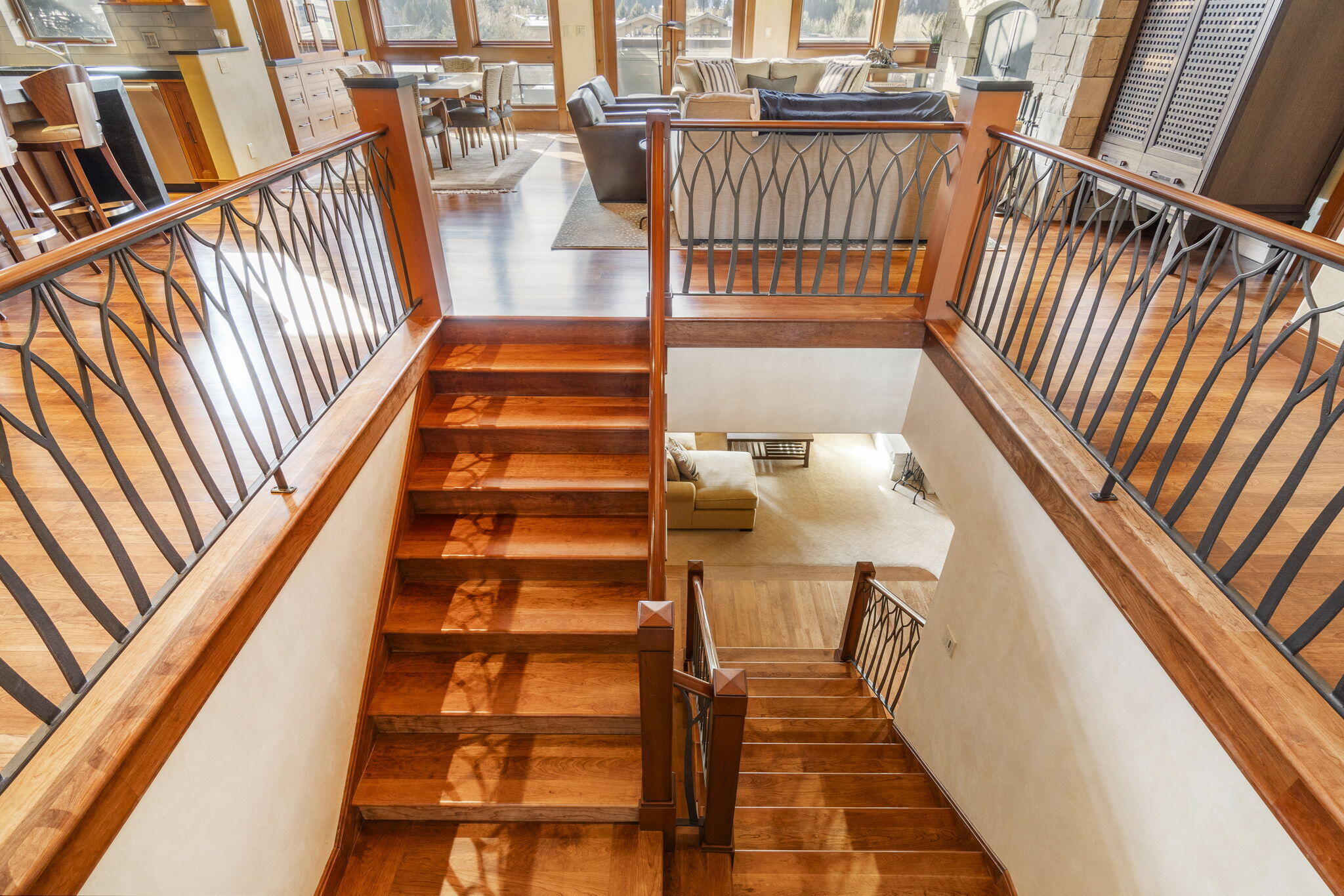 Stairwell to 2 bedrooms and TV area