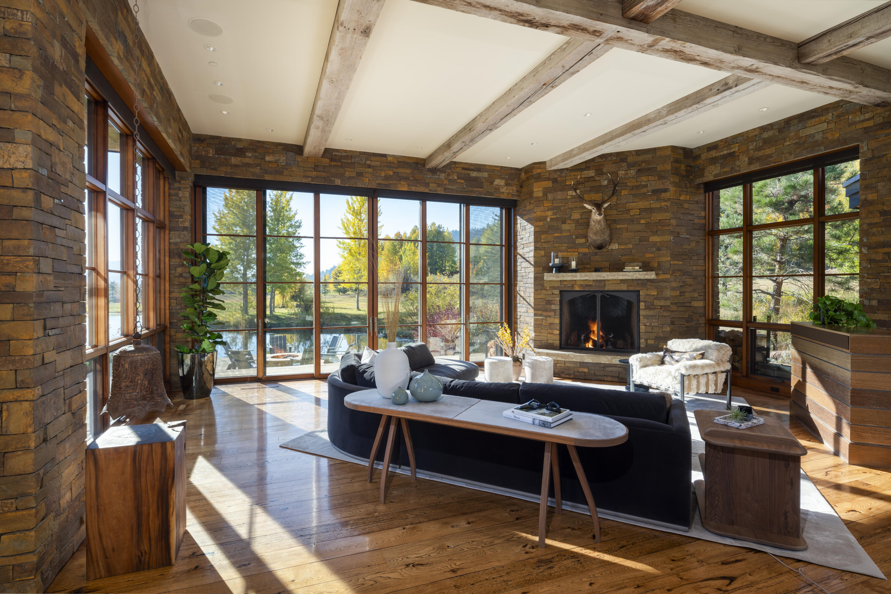 Living room with view of pond
